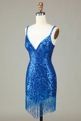 Sparkly Bodycon Spaghetti Straps Blue Sequins Short Homecoming Dress with Tassel