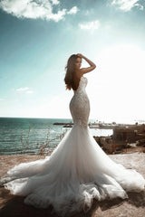 Sweetheart Backless Tulle Long Mermaid Wedding Dress with Lace Appliques