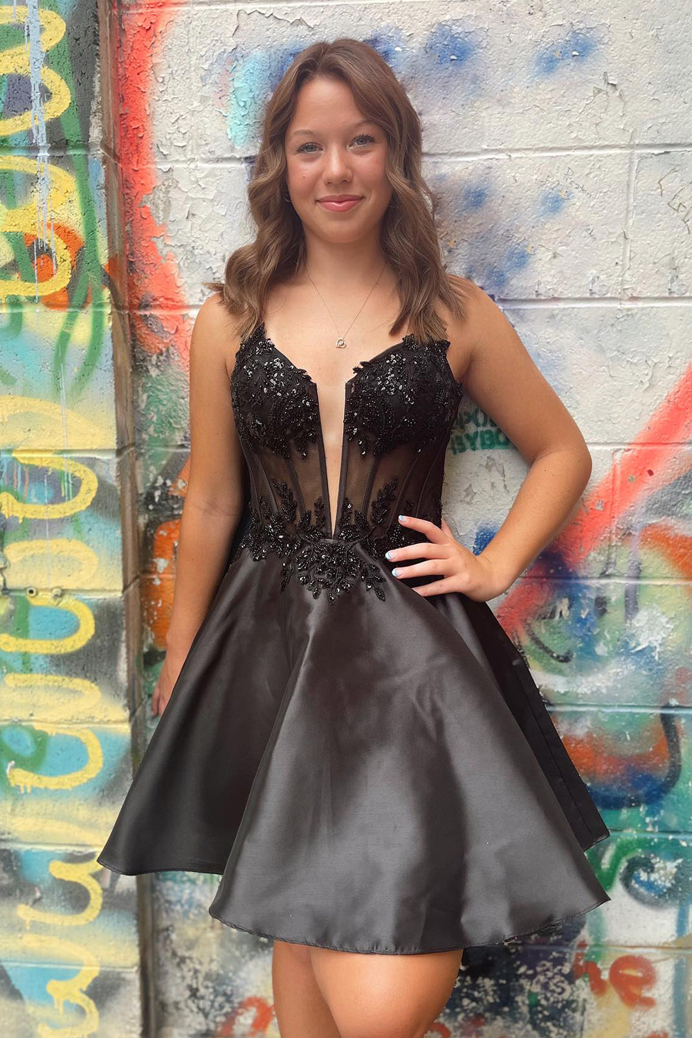 Glitter Black A-Line Satin Short Homecoming Dress with Appliques