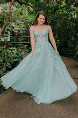 Charcoal Off the Shoulder Prom Dress with Appliques