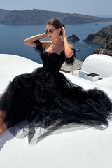 Black A-Line Corset Ruffled Tulle Homecoming Prom Dress