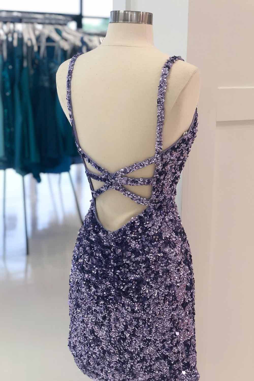 Sheath Spaghetti Straps Purple Sequins Short Cocktail Dress