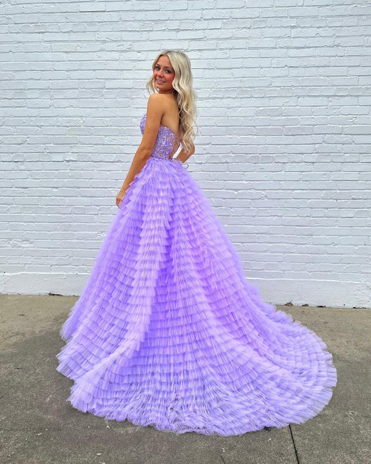 Lilac A Line Tiered Sweetheart Long Corset Prom Dress with Ruffles