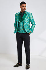 Charming Green Jacquard 3-Piece Peak Lapel Men's Prom Homecoming Suit