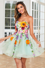 Champagne Strapless Homecoming Dress with 3D Flowers