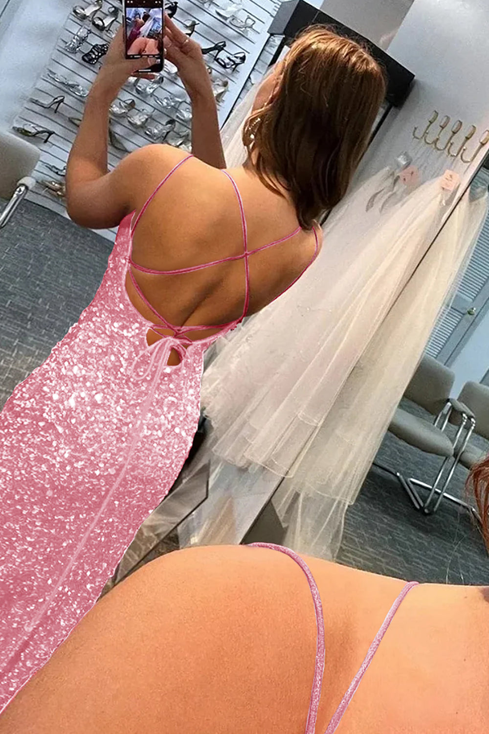 Mermaid Glitter Sequins Sexy Hot Pink Backless Long Prom Dress