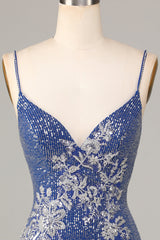 Sparkly Spaghetti Straps Dark Blue Short Homecoming Dress with Embroidery