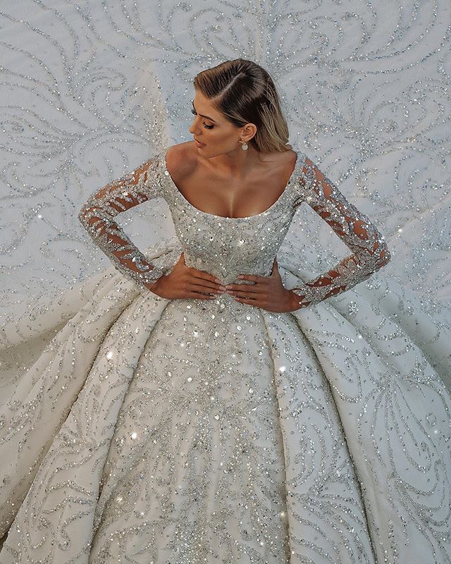 Long Ball Gown Satin Off-the-Shoulder Backless Wedding Dress with Crystal and Sequins