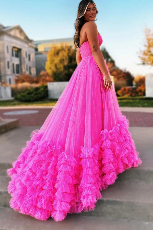 Hot Pink Corset Sweetheart A-Line Long Prom Dress with Ruffles