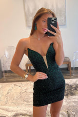 Sparkly Strapless Dark Green Beaded Tight Short Homecoming Dress