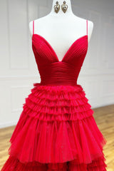 Fuchsia Tulle Spaghetti Straps Long Prom Dress