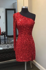 Sparkly Red One Shoulder Backless Sequins Fringed Tight Short Homecoming Dress