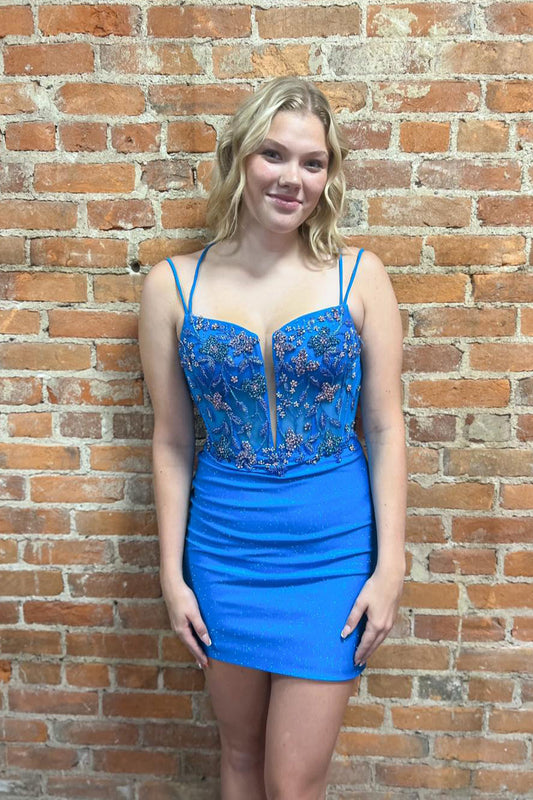 Glitter Blue Spaghetti Straps Corset Tight Short Beaded Homecoming Dress