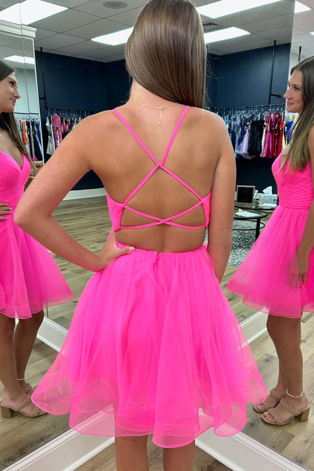 Simple Hot Pink Lace-Up Back A-Line Organza Short Homecoming Dress