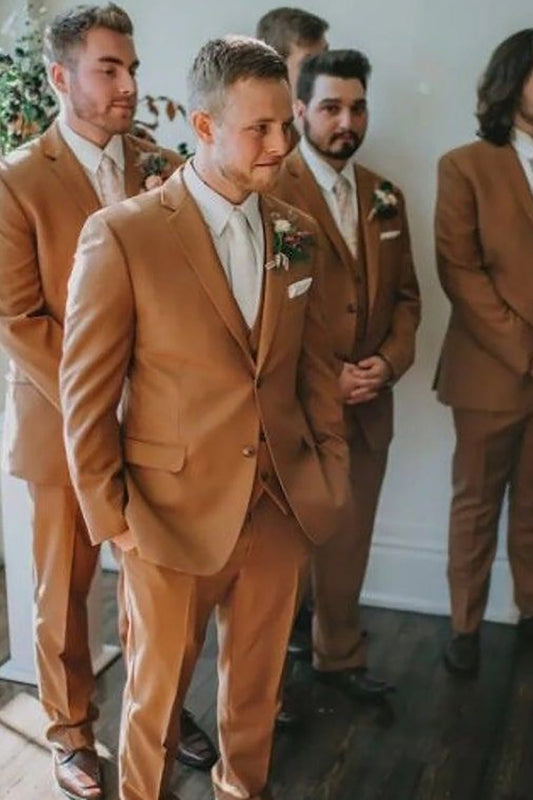 Elegant Brown 3-Piece Notched Lapel Groom Suit