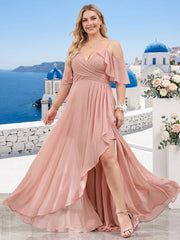 A-Line V-Neck Spaghetti Straps Short Sleeves Asymmetrical Chiffon Plus Size Bridesmaid Dresses As Picture