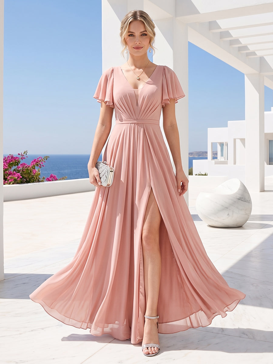 A-Line Deep V-Neck Short Sleeves Split Side Chiffon Bridesmaid Dresses As Picture