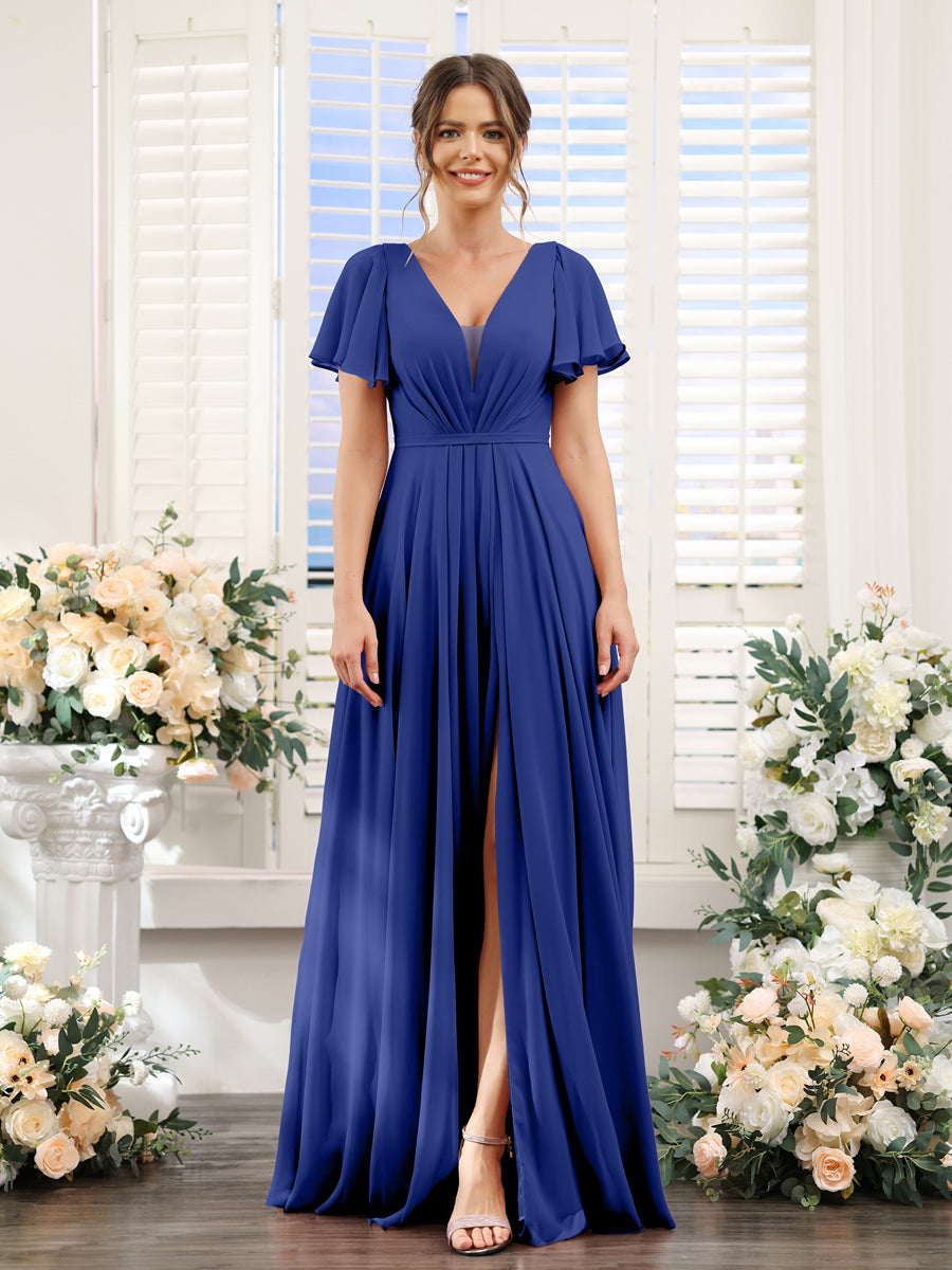 A-Line Deep V-Neck Short Sleeves Split Side Chiffon Bridesmaid Dresses Dark Royal Blue