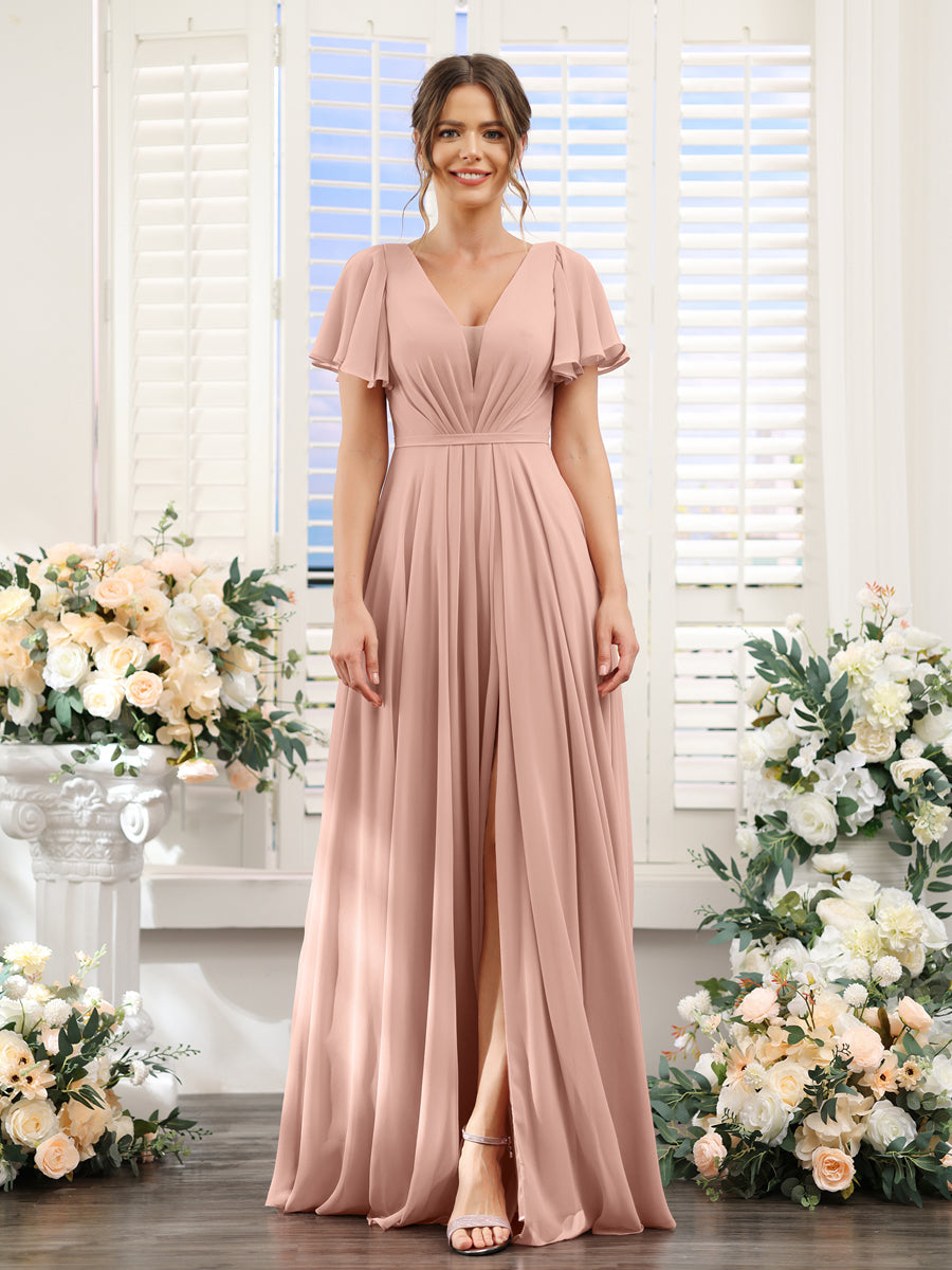 A-Line Deep V-Neck Short Sleeves Split Side Chiffon Bridesmaid Dresses Dusty Rose