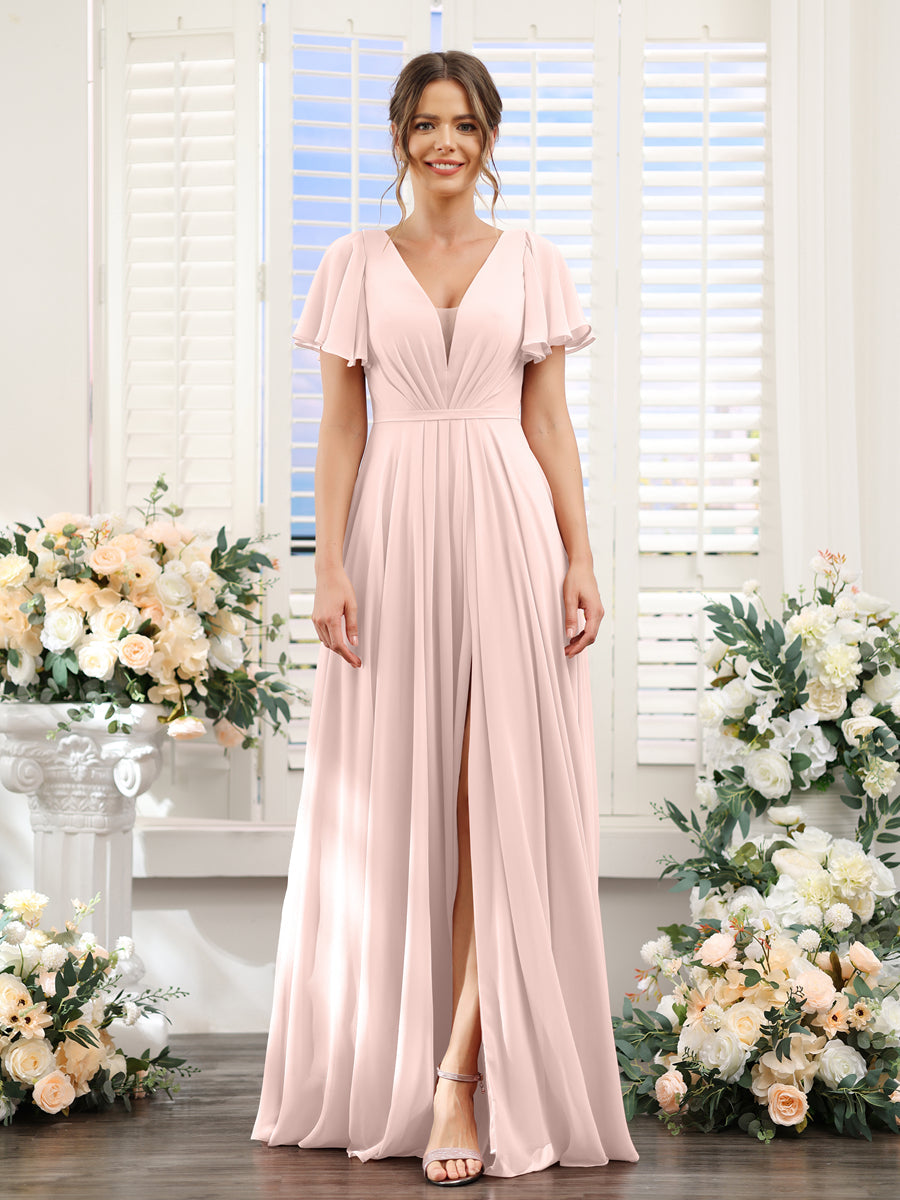 A-Line Deep V-Neck Short Sleeves Split Side Chiffon Bridesmaid Dresses Light Pink