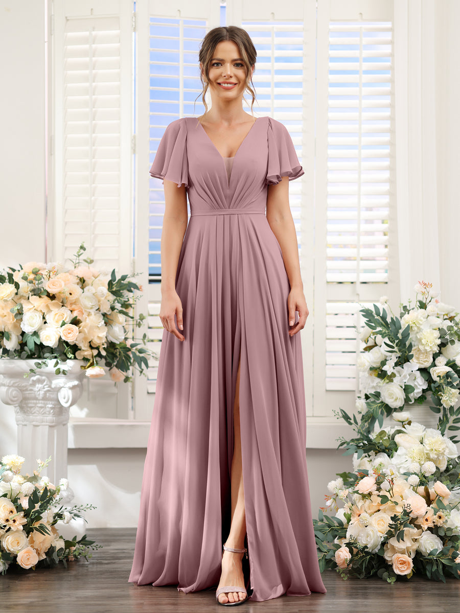 A-Line Deep V-Neck Short Sleeves Split Side Chiffon Bridesmaid Dresses Mauve