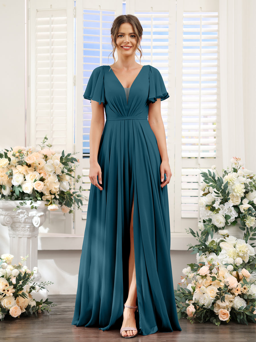 A-Line Deep V-Neck Short Sleeves Split Side Chiffon Bridesmaid Dresses Teal