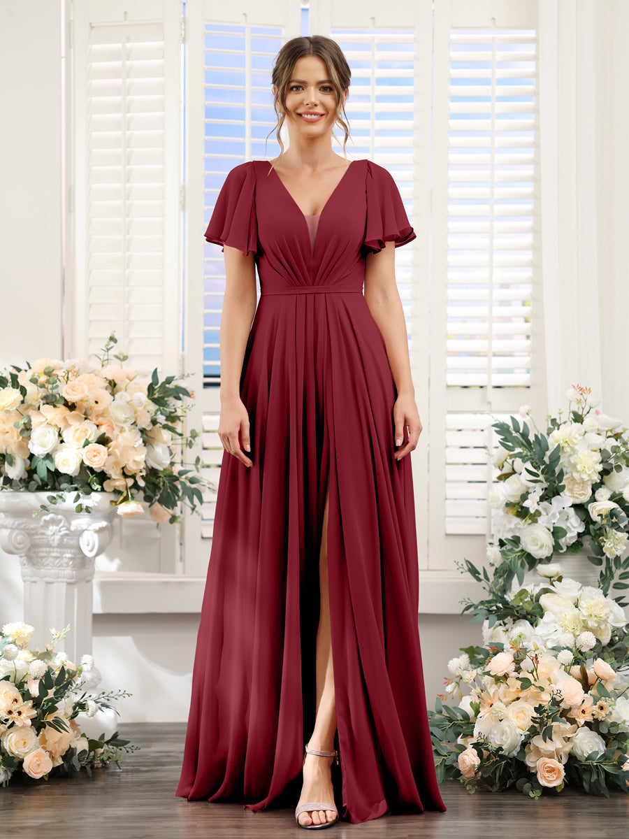 A-Line Deep V-Neck Short Sleeves Split Side Chiffon Bridesmaid Dresses Wine Red