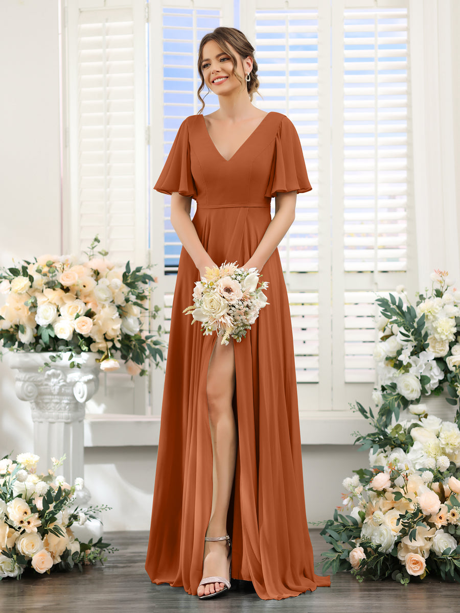 A-Line V-Neck Short Sleeves Split Side Ruffles Chiffon Bridesmaid Dresses Burnt Orange