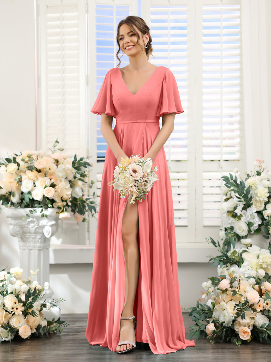 A-Line V-Neck Short Sleeves Split Side Ruffles Chiffon Bridesmaid Dresses Coral