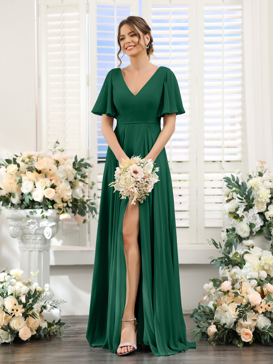 A-Line V-Neck Short Sleeves Split Side Ruffles Chiffon Bridesmaid Dresses Dark Green