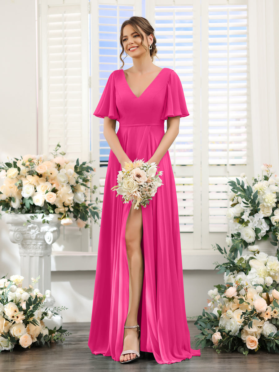 A-Line V-Neck Short Sleeves Split Side Ruffles Chiffon Bridesmaid Dresses Hot Pink