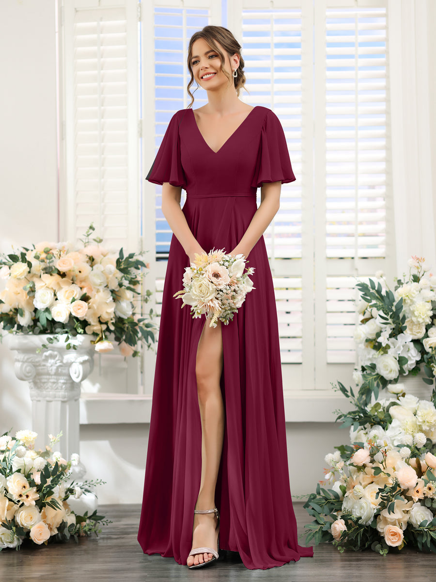 A-Line V-Neck Short Sleeves Split Side Ruffles Chiffon Bridesmaid Dresses Light Burgundy