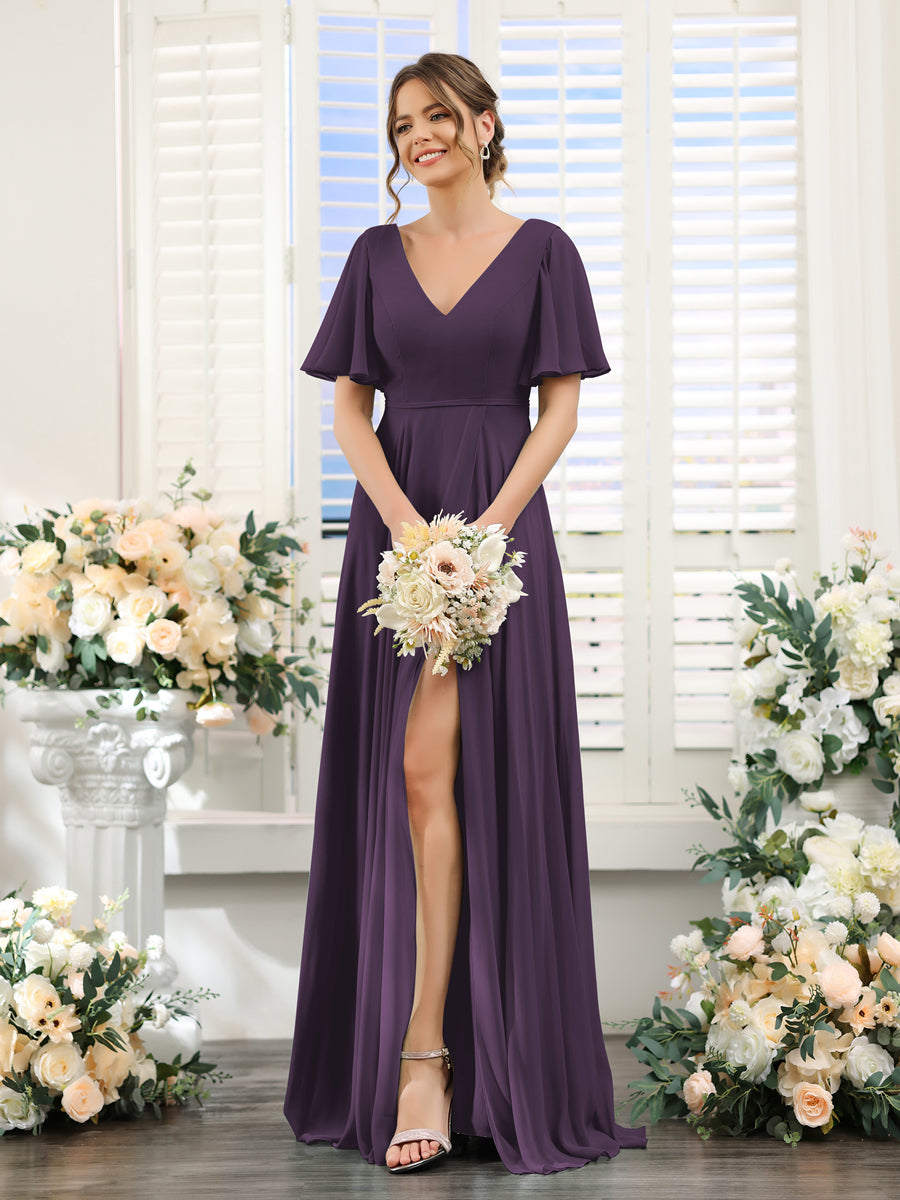A-Line V-Neck Short Sleeves Split Side Ruffles Chiffon Bridesmaid Dresses Plum