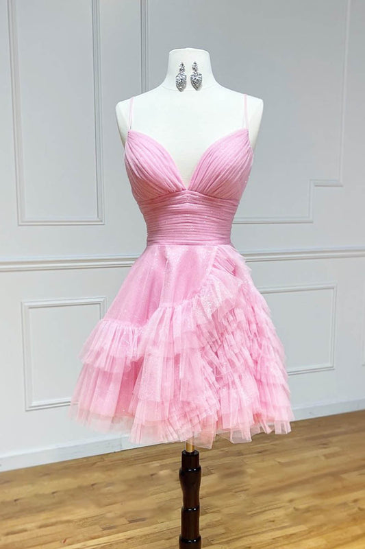 Pink Homecoming Dress Spaghetti Straps Tulle Short Party Dress