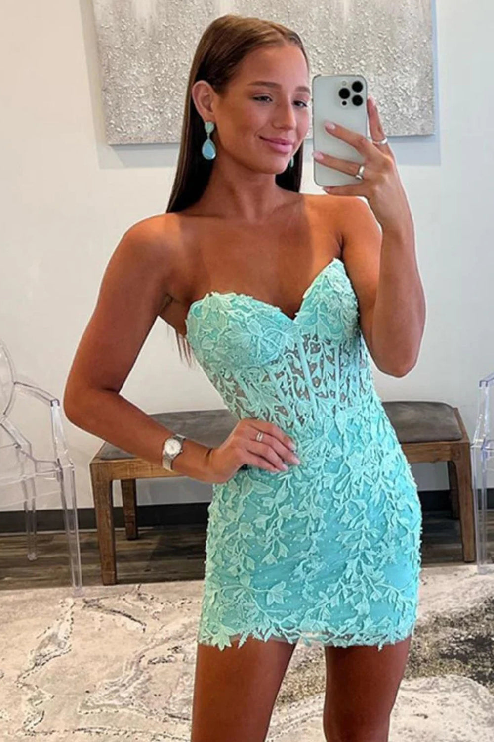 Mint Lace Sweetheart Tight Short Homecoming Dress