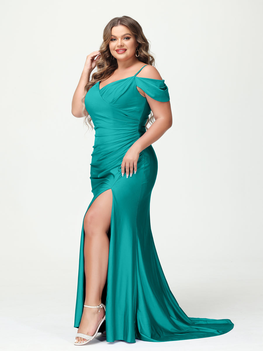 Mermaid Spaghetti Straps V-Neck Short Sleeves Plus Size Maxi Dresses with Split Side Aqua Blue