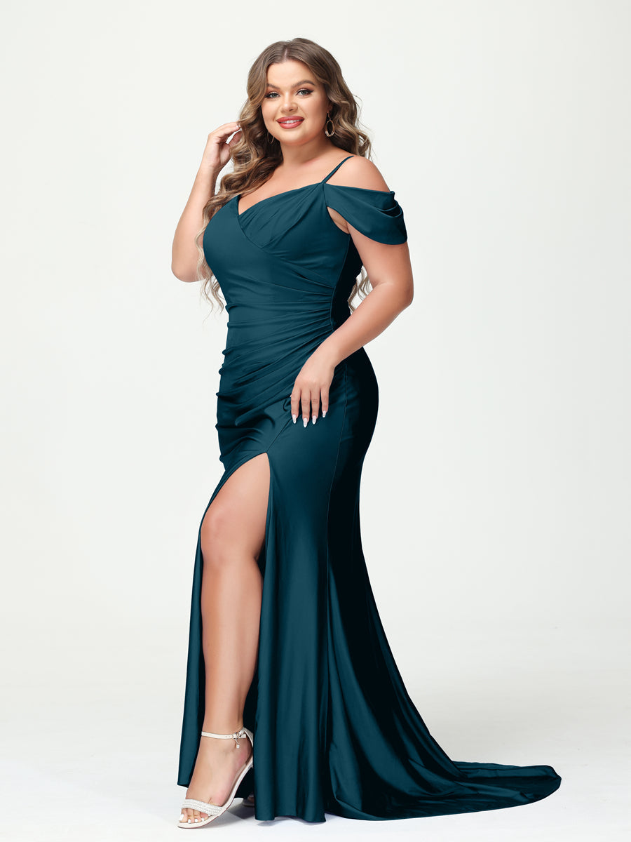 Mermaid Spaghetti Straps V-Neck Short Sleeves Plus Size Maxi Dresses with Split Side Teal