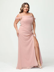 Sheath/Column Spaghetti Straps Off-the-Shoulder Chiffon Split Side Plus Size Bridesmaid Dresses As Picture