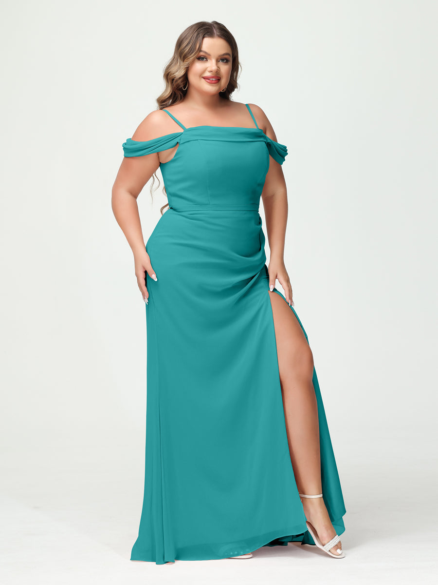 Sheath/Column Spaghetti Straps Off-the-Shoulder Chiffon Split Side Plus Size Bridesmaid Dresses Aqua Blue