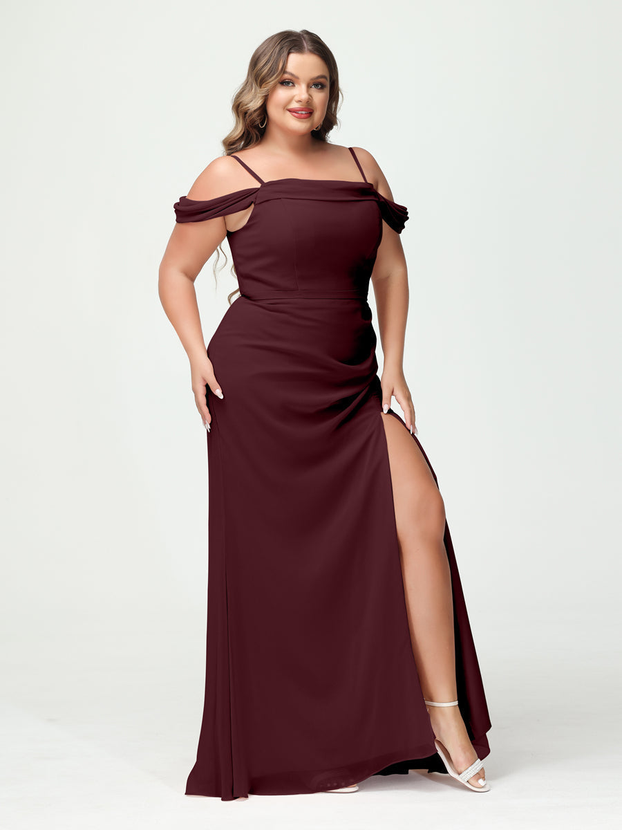 Sheath/Column Spaghetti Straps Off-the-Shoulder Chiffon Split Side Plus Size Bridesmaid Dresses Burgundy