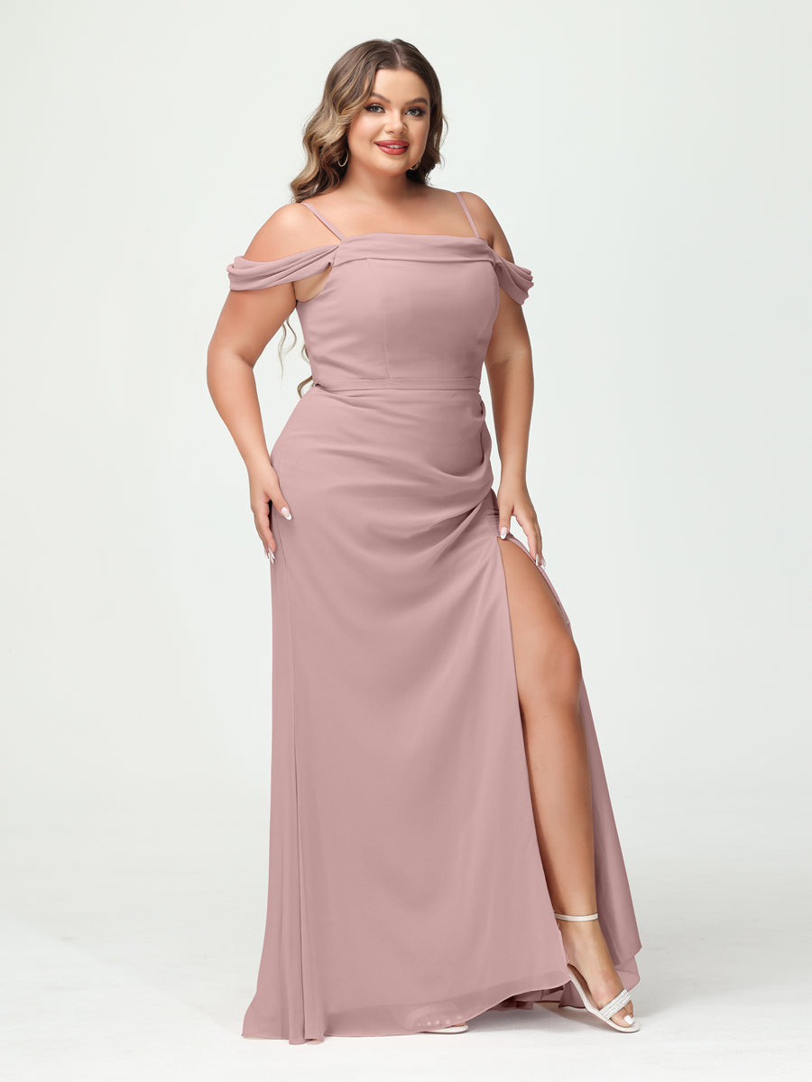 Sheath/Column Spaghetti Straps Off-the-Shoulder Chiffon Split Side Plus Size Bridesmaid Dresses Dusty Pink