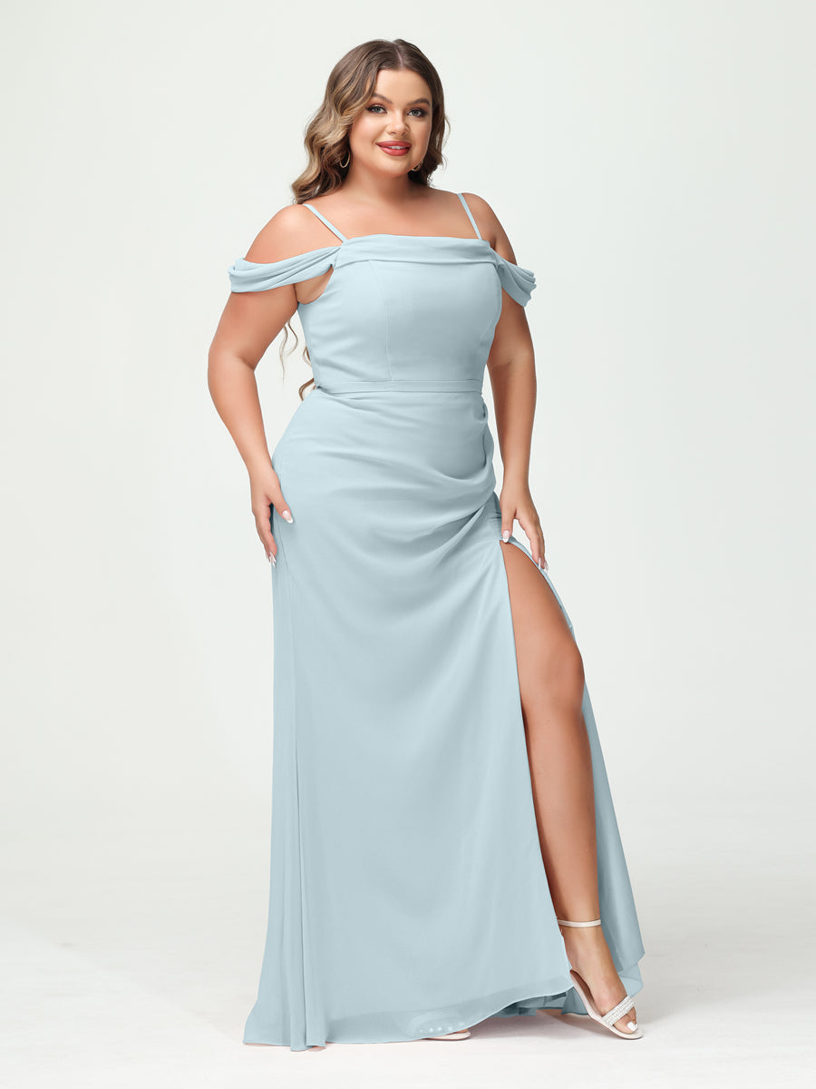 Sheath/Column Spaghetti Straps Off-the-Shoulder Chiffon Split Side Plus Size Bridesmaid Dresses Light Blue