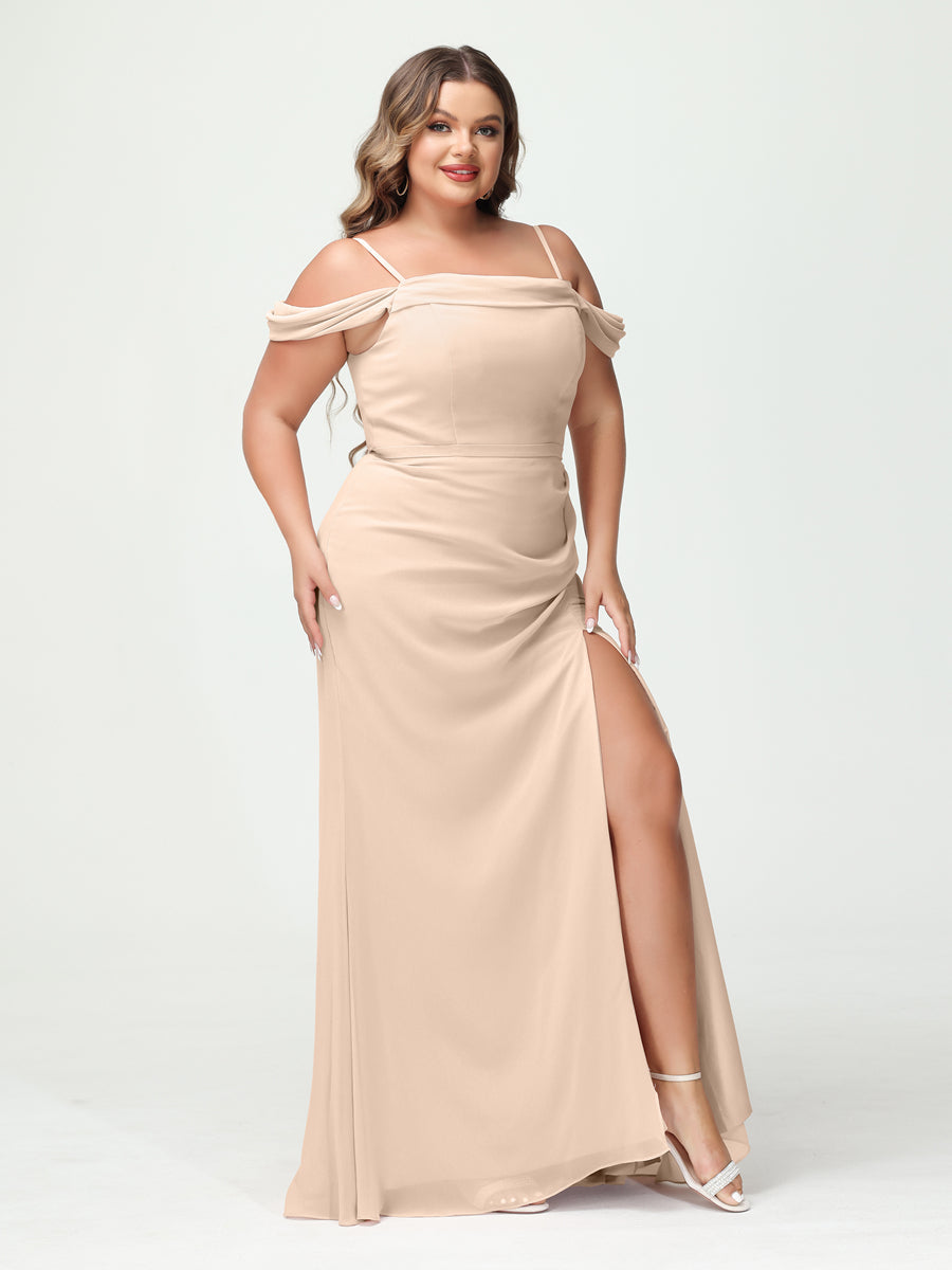 Sheath/Column Spaghetti Straps Off-the-Shoulder Chiffon Split Side Plus Size Bridesmaid Dresses Light Champagne