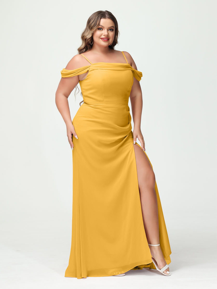 Sheath/Column Spaghetti Straps Off-the-Shoulder Chiffon Split Side Plus Size Bridesmaid Dresses Mustard Yellow