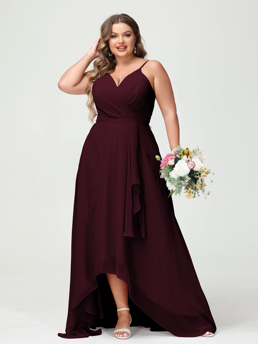 A-Line/Princess Spaghetti Straps Chiffon Ruffles Asymmetrical Plus Size Bridesmaid Dresses with Pockets Burgundy