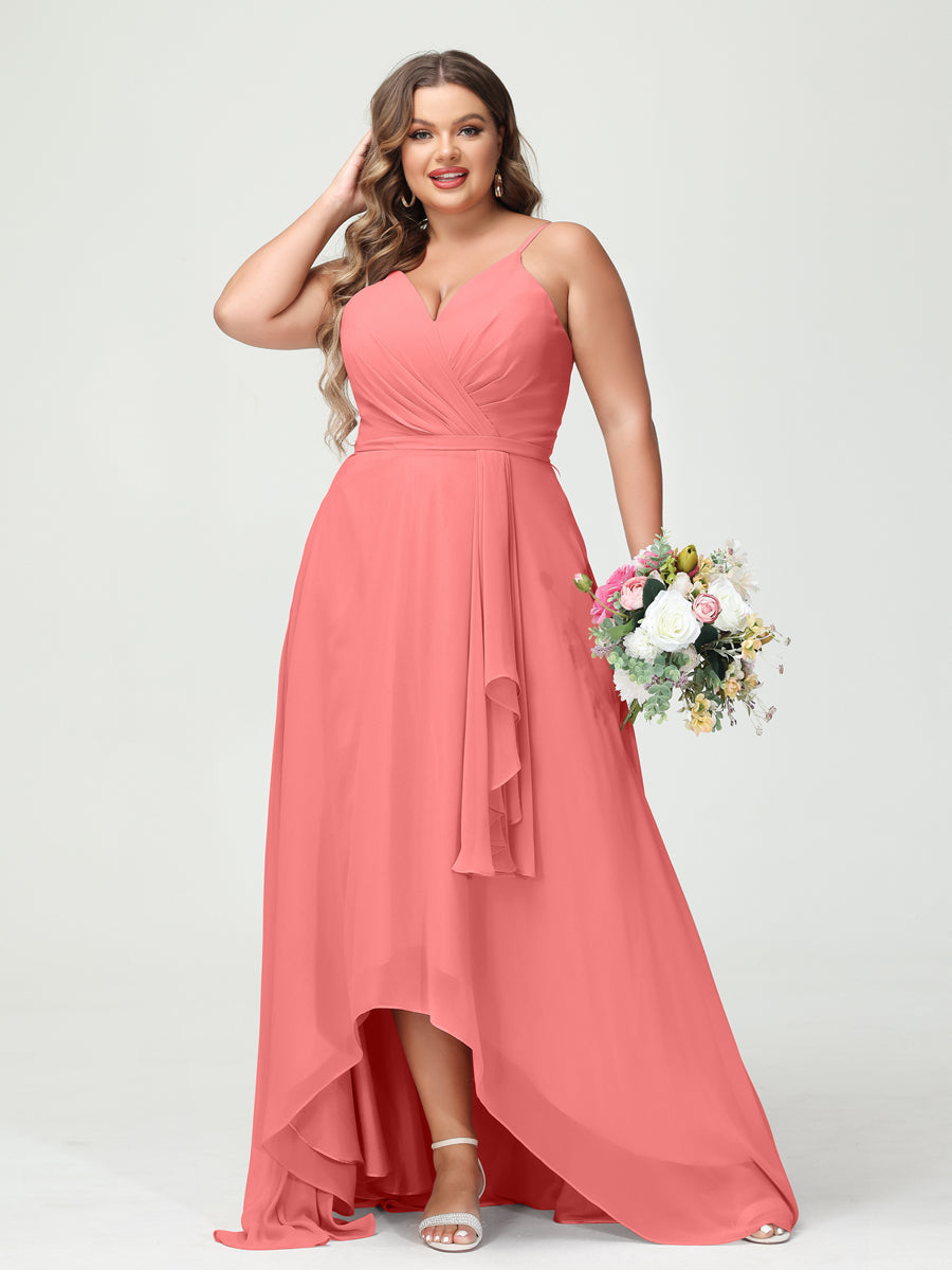 A-Line/Princess Spaghetti Straps Chiffon Ruffles Asymmetrical Plus Size Bridesmaid Dresses with Pockets Coral