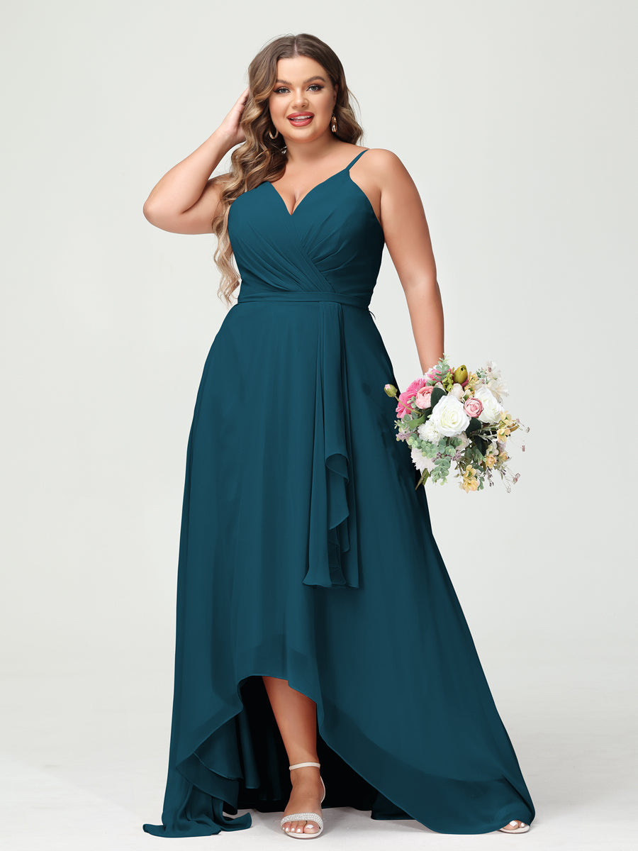 A-Line/Princess Spaghetti Straps Chiffon Ruffles Asymmetrical Plus Size Bridesmaid Dresses with Pockets Teal