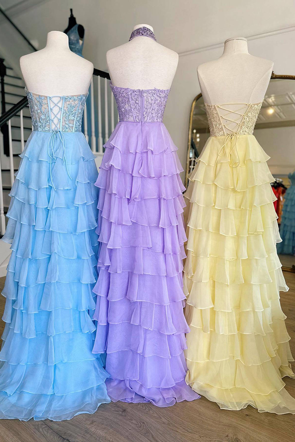 Light Blue A-Line Tiered Chiffon Long Prom Dress with Lace