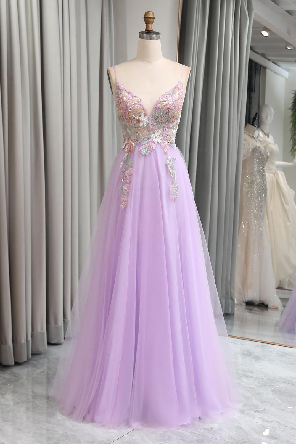 Lilac Tulle A Line Appliques Long Prom Dress With Slit