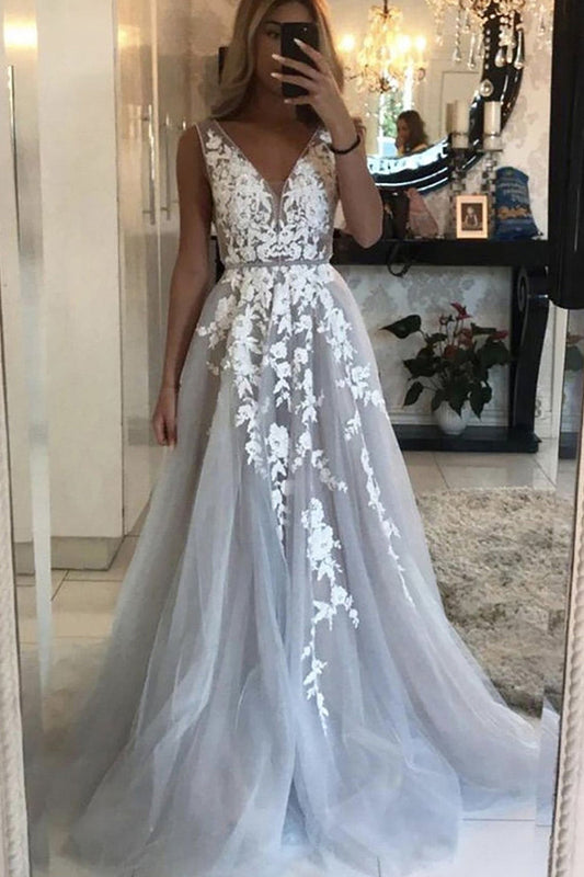 Graceful Grey Tulle A-Line V-Neck Wedding Dress with Appliques